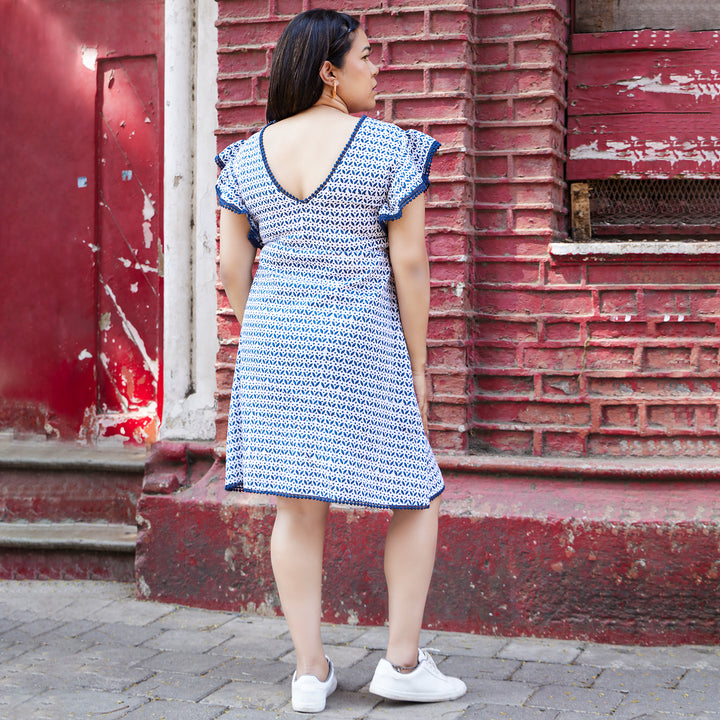 Leaf Flower Blue Cotton Short Dress