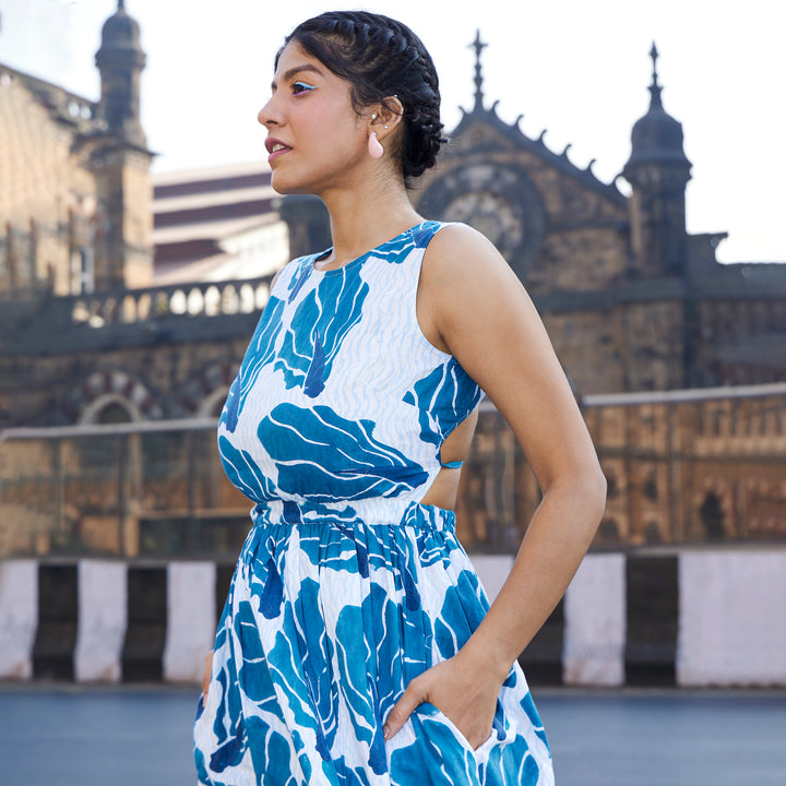 Floral Fish Blue Cotton Long Dress