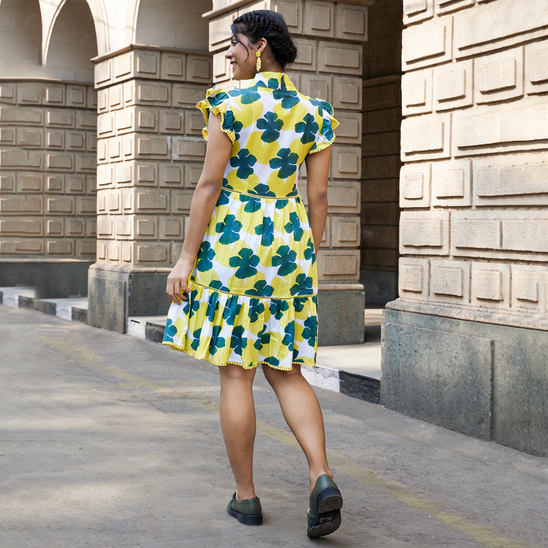 Lotus Leaf flower Yellow Green cotton Short Dress