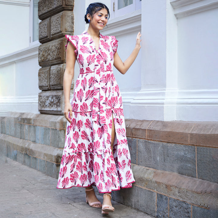 Floral Fish Red Cotton Long Dress