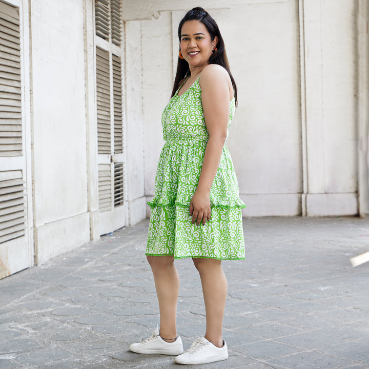 Spiral Green Cotton Short Dress