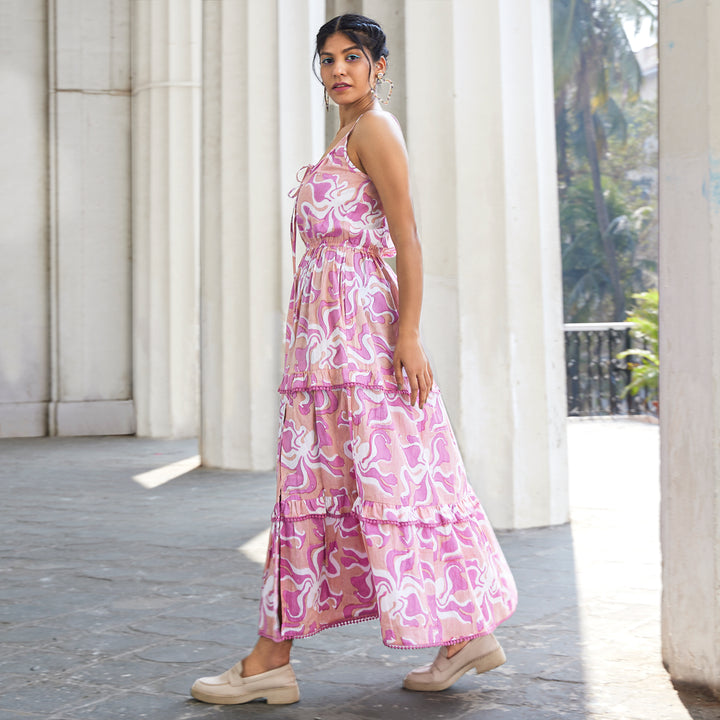 Octopus Pink Cotton Long Dress