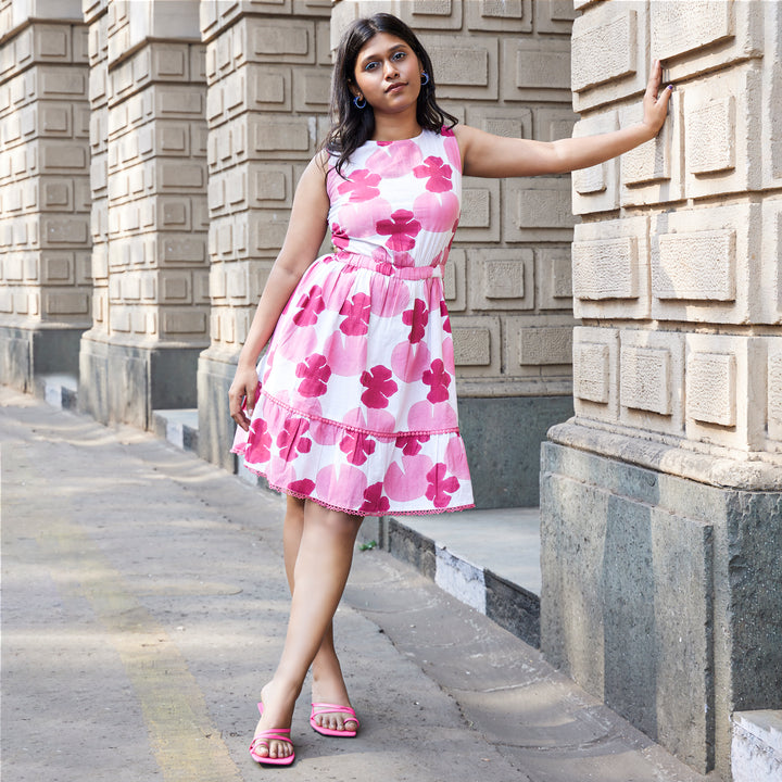Lotus Leaf Flower Pink Cotton Short Dress