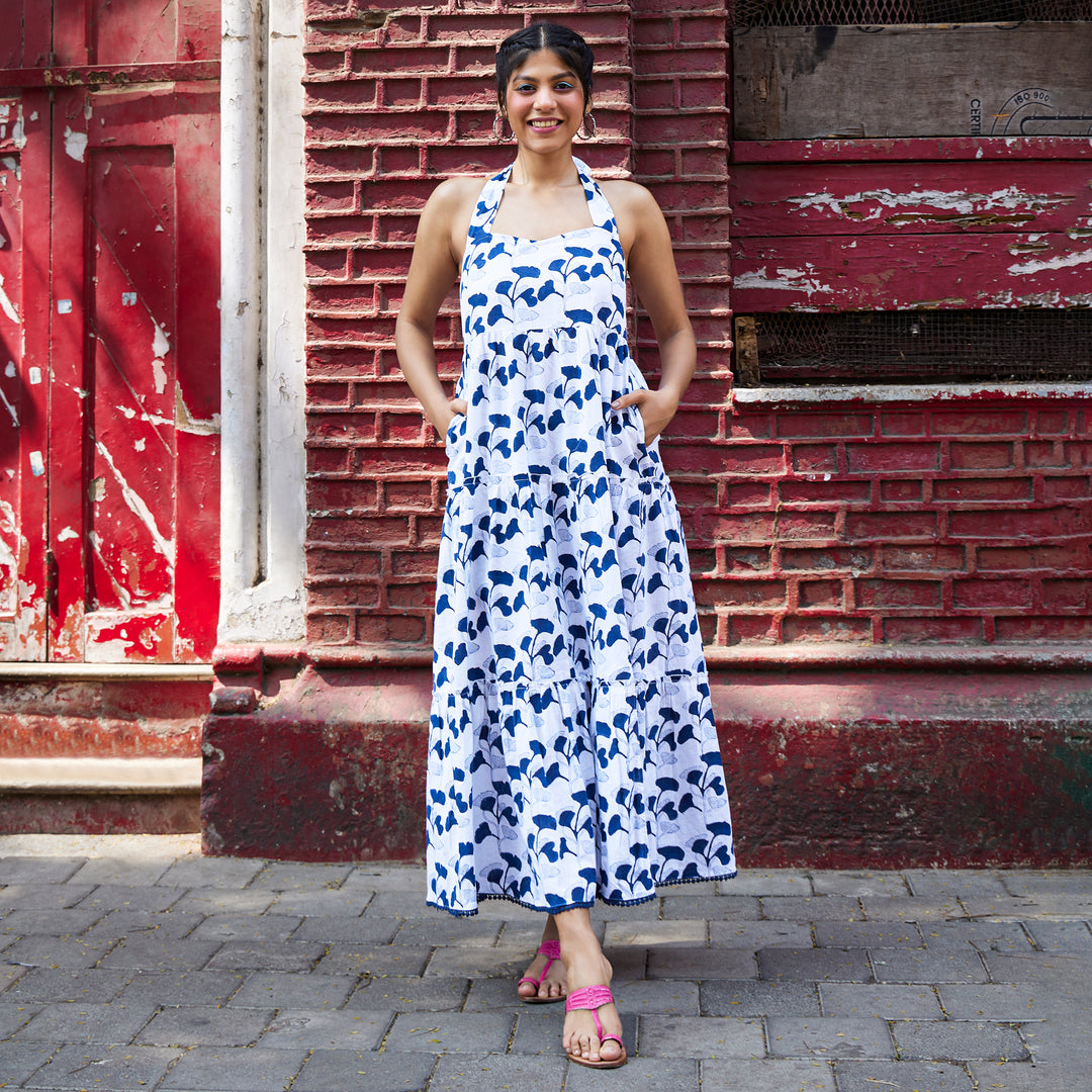 Hibiscus Leaf Blue Cotton Long Dress