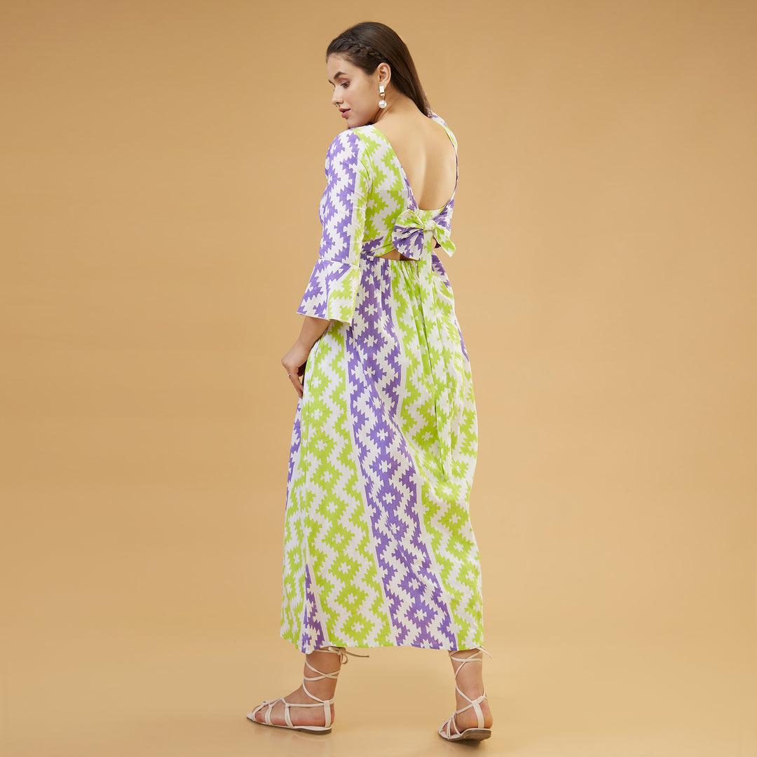 Almas Green Purple Back Bow Long Dress - thesotr.com