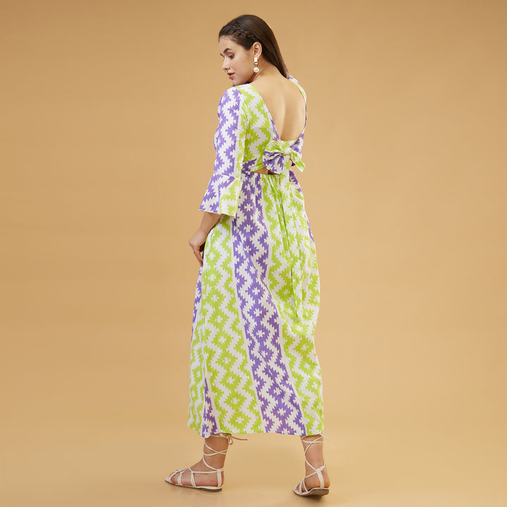 Almas Green Purple Back Bow Long Dress - thesotr.com