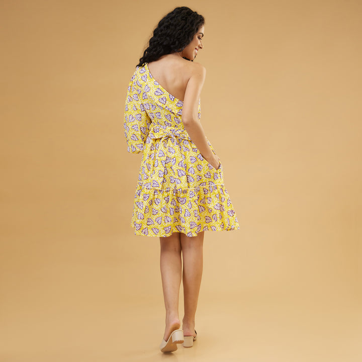 Aloma Yellow One Shoulder Short Dress - thesotr.com