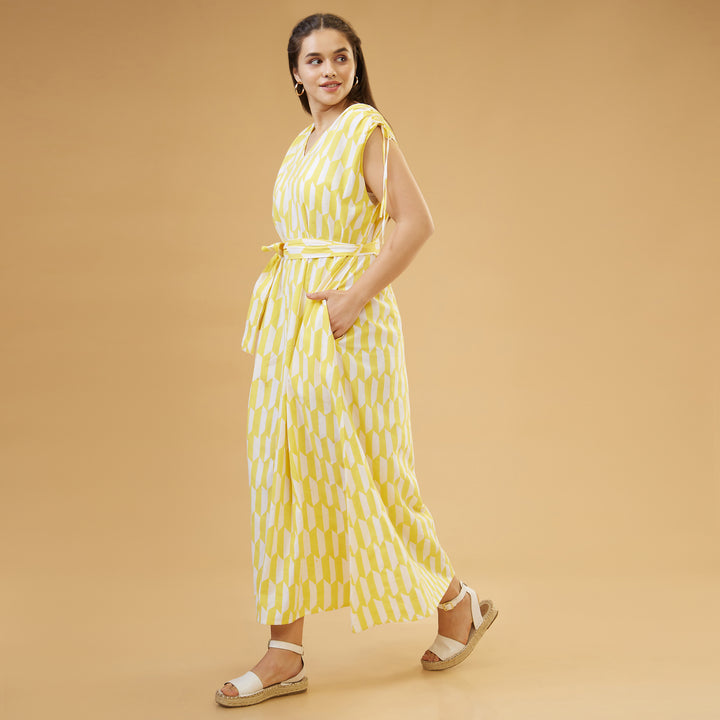 Geo Yellow Drawstring Long Dress - thesotr.com