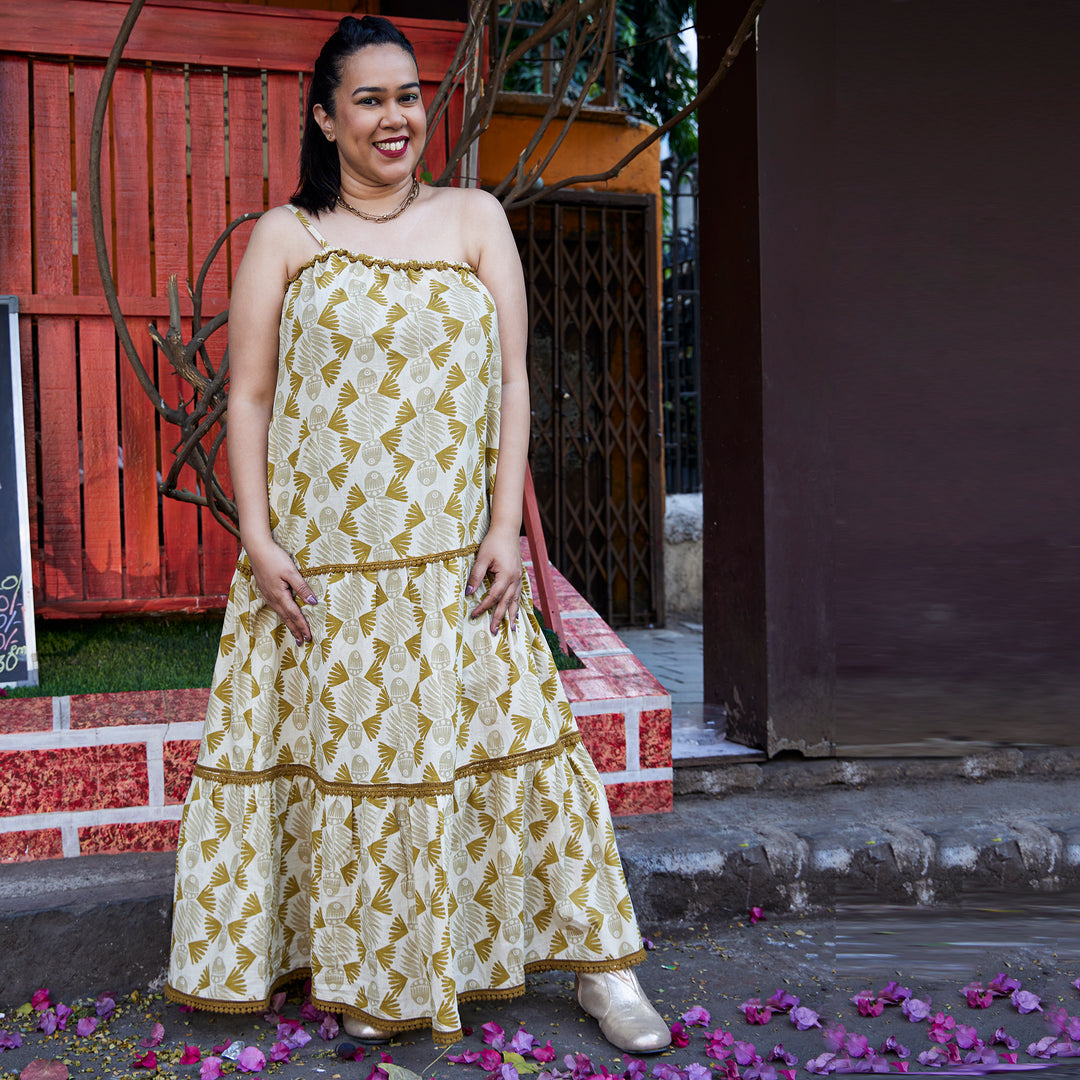 Fish Afro Mustard Beige Cotton Long Dress