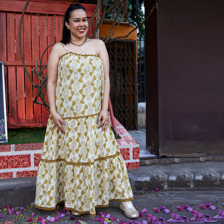 Fish Afro Mustard Beige Cotton Long Dress