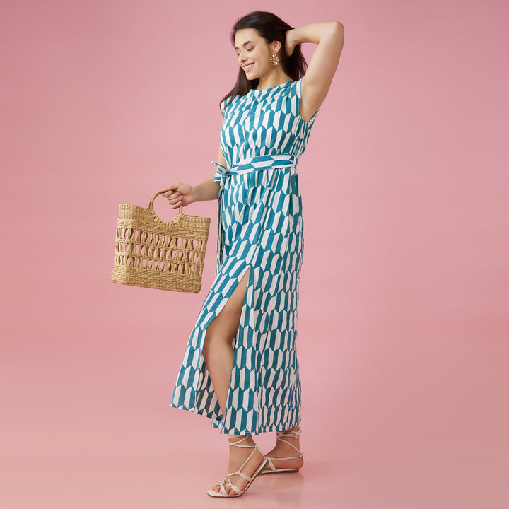 Geo Green Slit Long Dress - thesotr.com