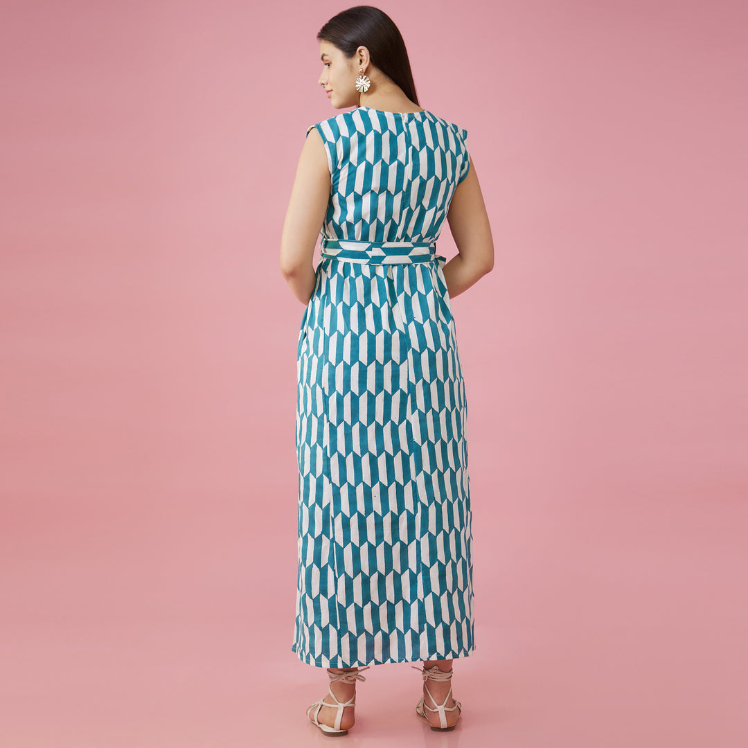 Geo Green Slit Long Dress - thesotr.com