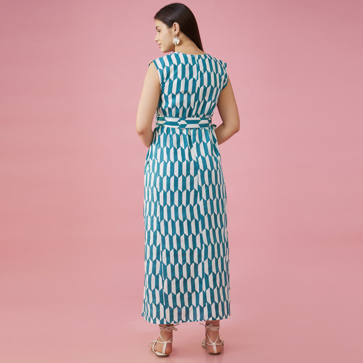 Geo Green Slit Long Dress - thesotr.com
