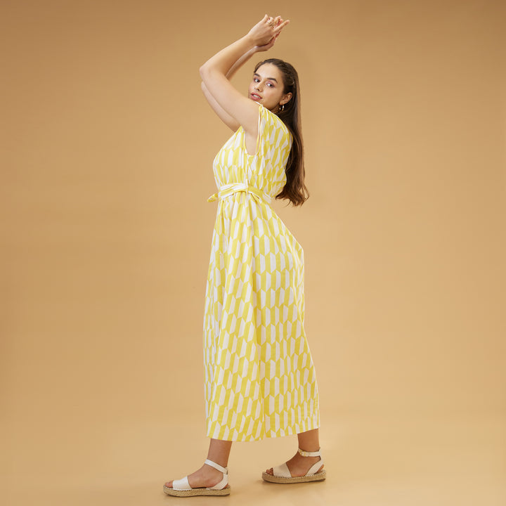 Geo Yellow Drawstring Long Dress - thesotr.com