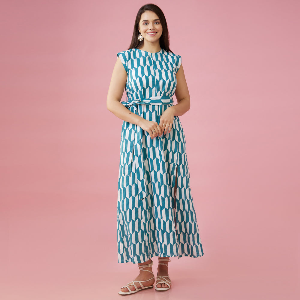 Geo Green Slit Long Dress - thesotr.com