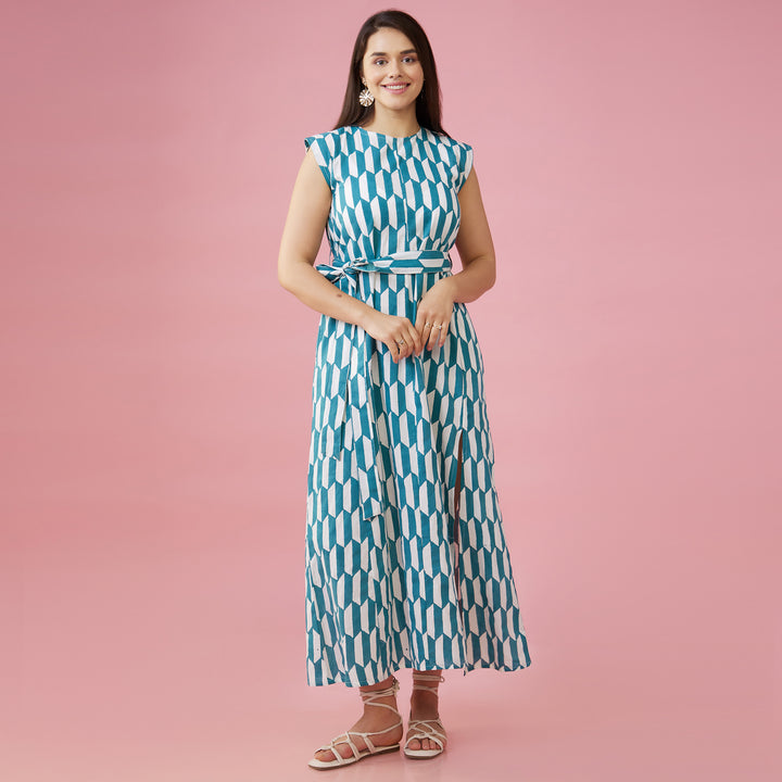 Geo Green Slit Long Dress - thesotr.com