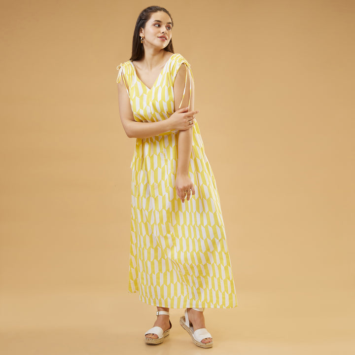 Geo Yellow Drawstring Long Dress - thesotr.com