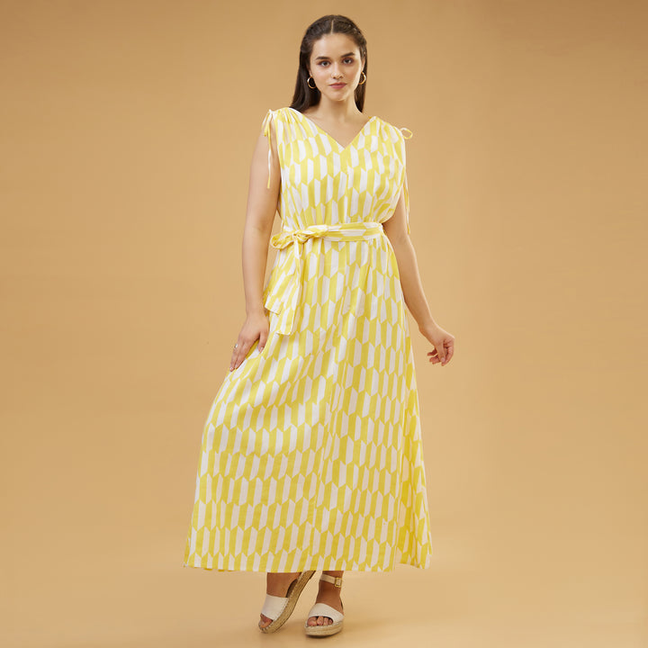Geo Yellow Drawstring Long Dress - thesotr.com