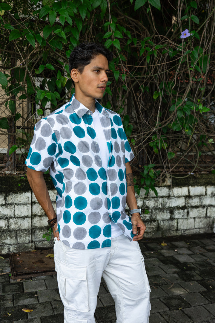 Polka Dot Cyan Grey Relaxed Fit Short Sleeve Shirt