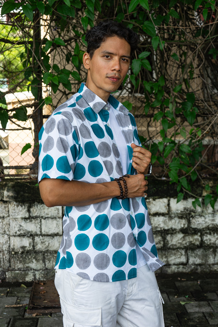 Polka Dot Cyan Grey Relaxed Fit Short Sleeve Shirt