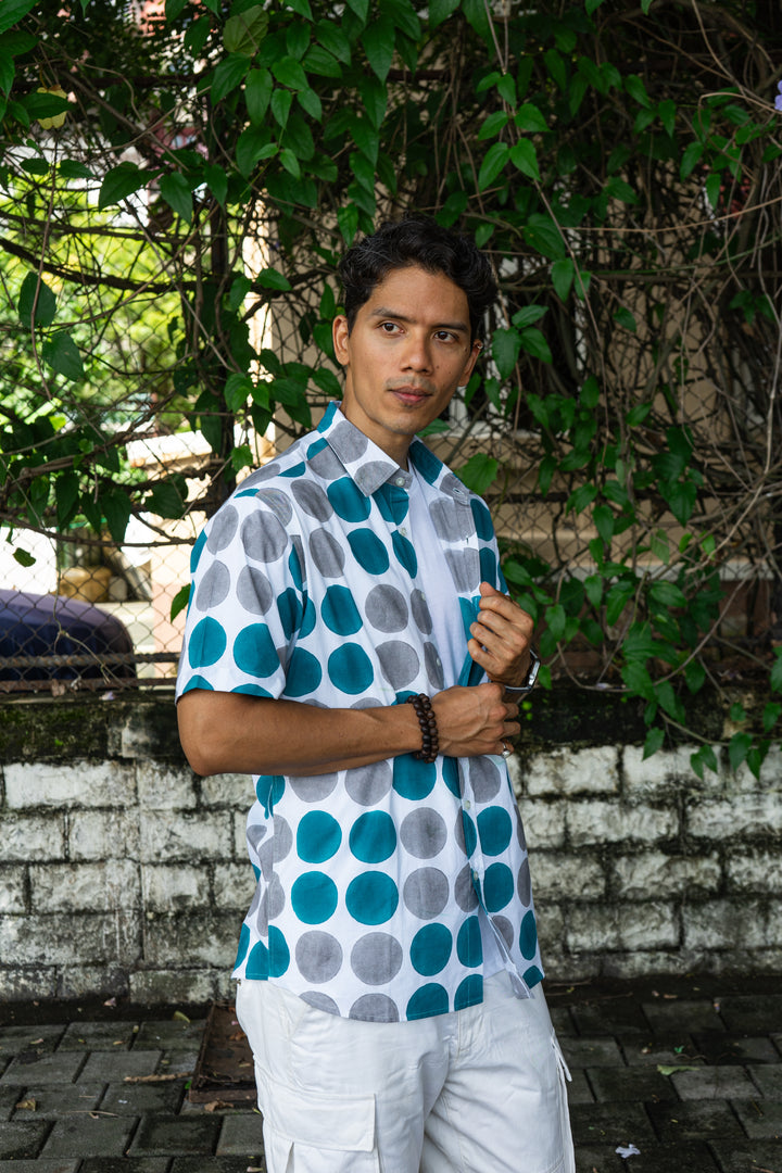 Polka Dot Cyan Grey Relaxed Fit Short Sleeve Shirt