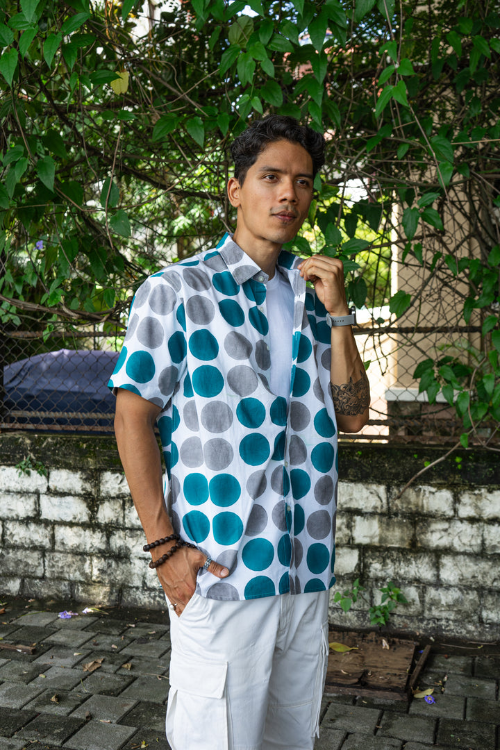 Polka Dot Cyan Grey Relaxed Fit Short Sleeve Shirt