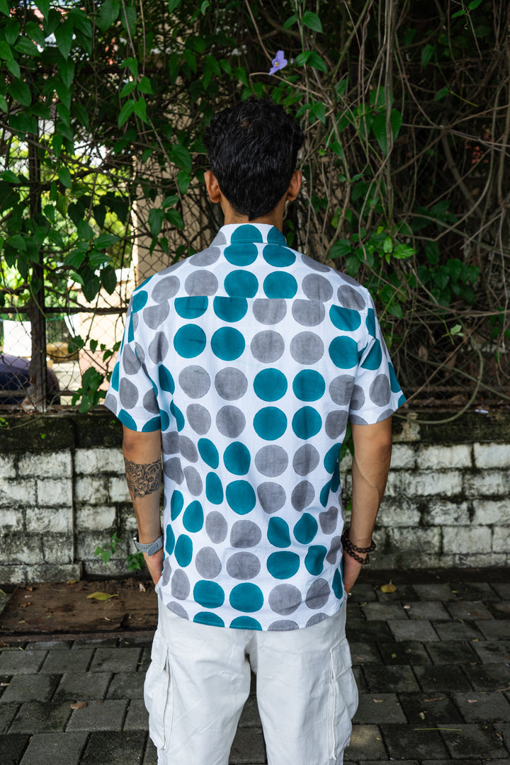 Polka Dot Cyan Grey Relaxed Fit Short Sleeve Shirt