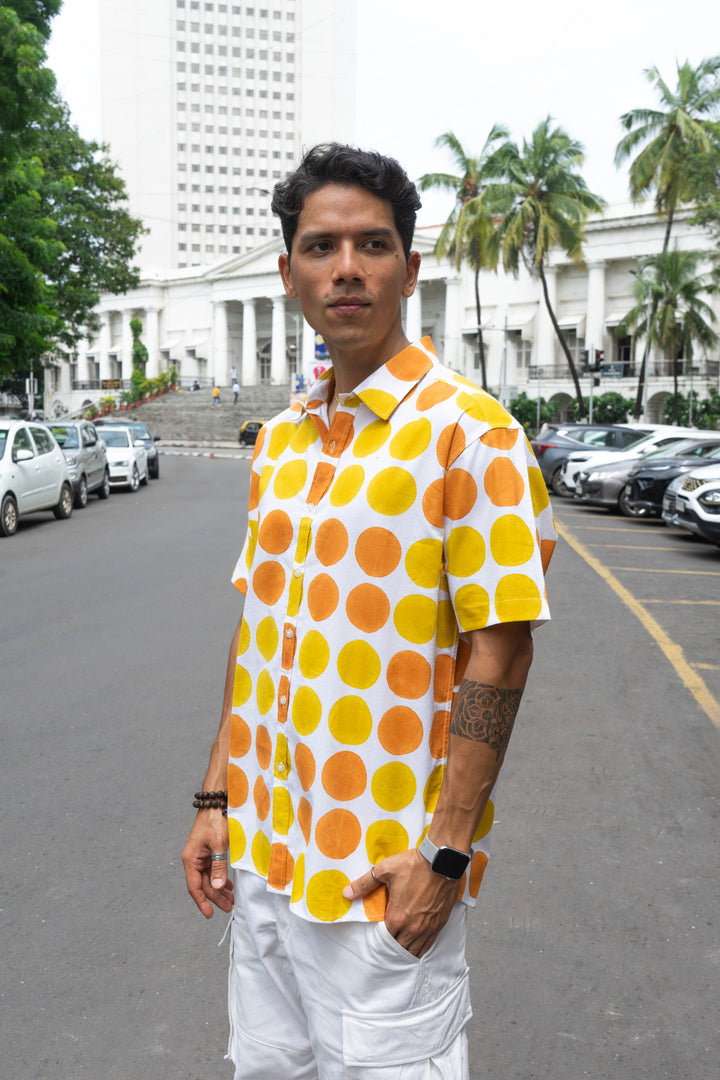 Polka Dot Orange Yellow Relaxed Fit Short Sleeve Shirt