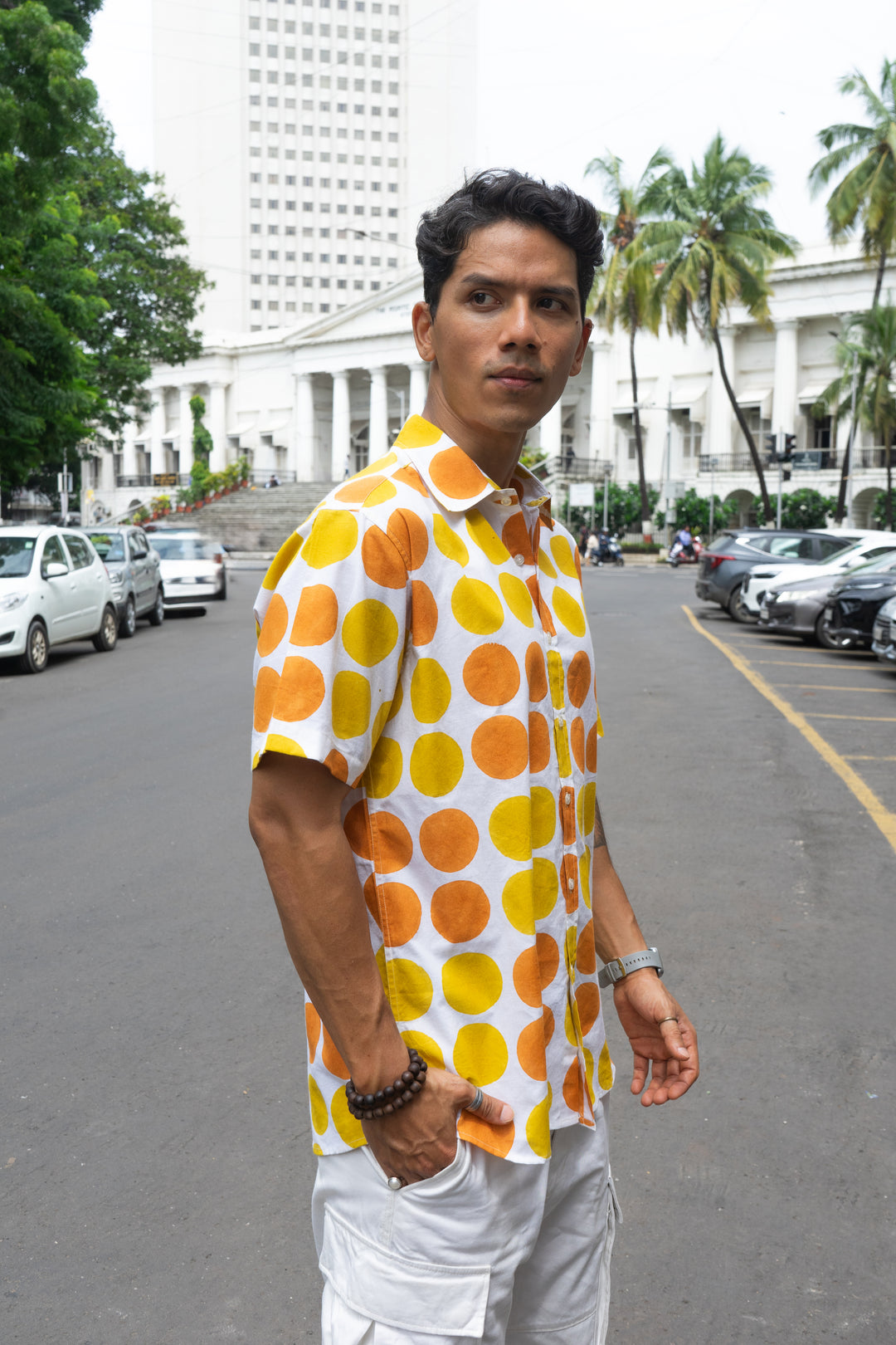 Polka Dot Orange Yellow Relaxed Fit Short Sleeve Shirt