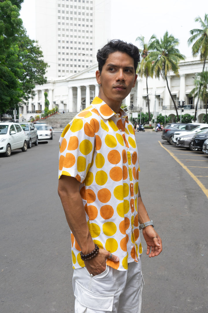 Polka Dot Orange Yellow Relaxed Fit Short Sleeve Shirt