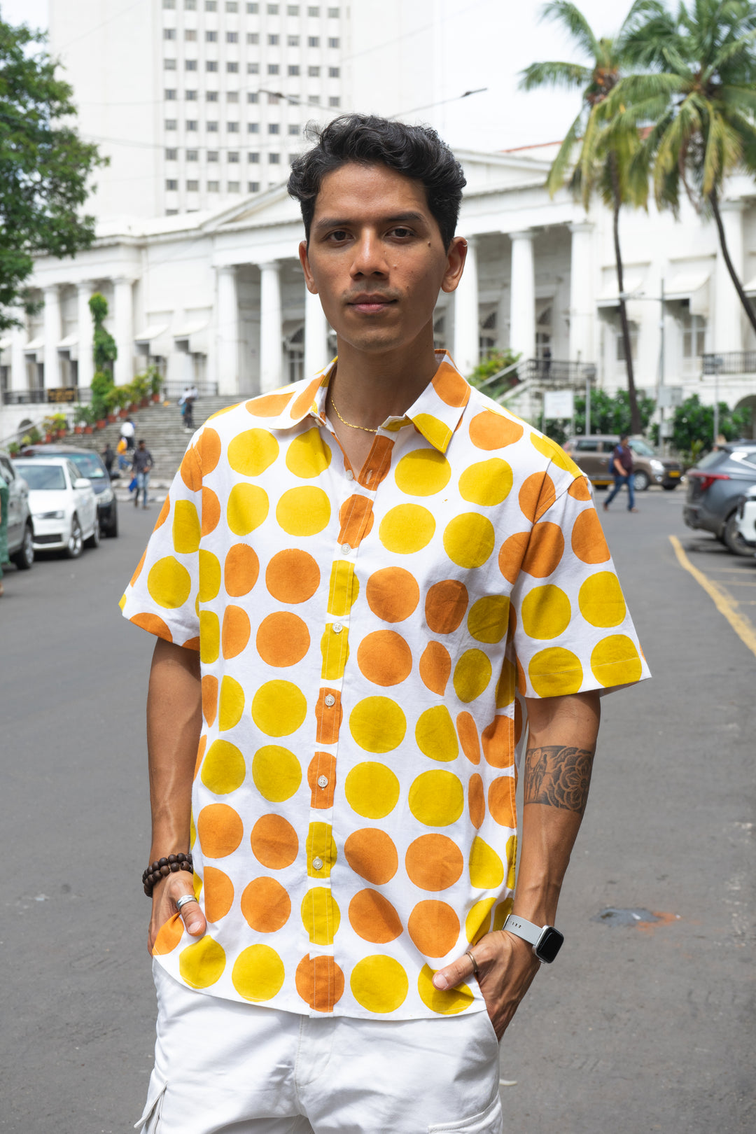 Polka Dot Orange Yellow Relaxed Fit Short Sleeve Shirt