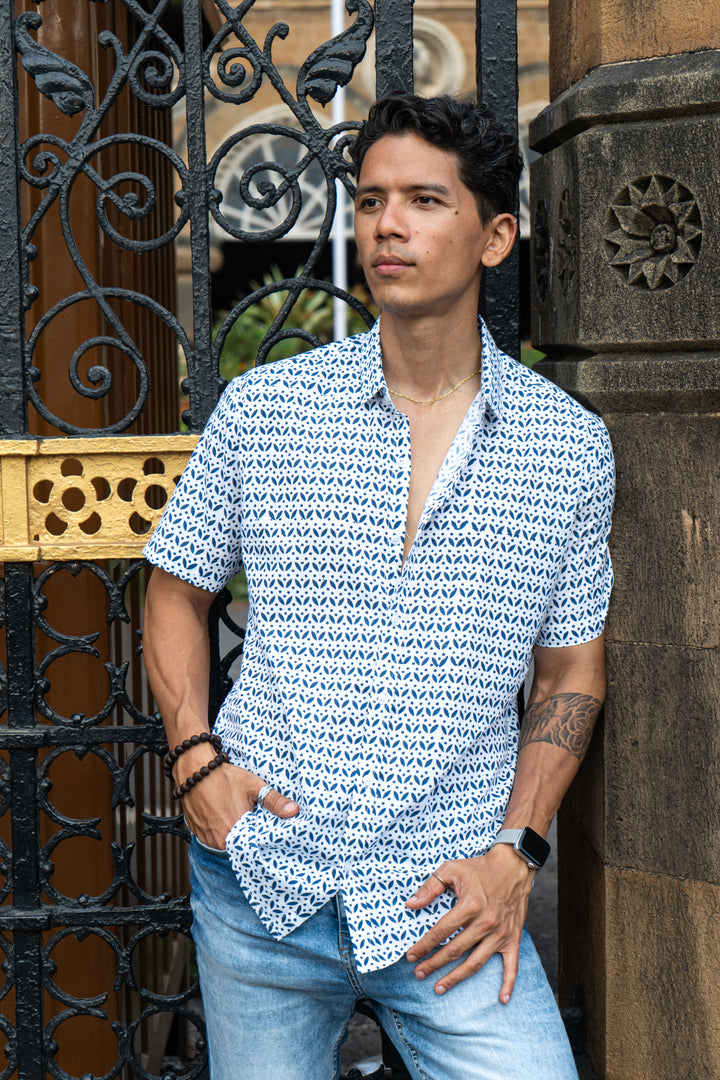 Leaf Flower Blue Slim Fit Short Sleeve Shirt