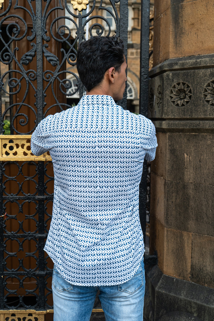 Leaf Flower Blue Slim Fit Short Sleeve Shirt