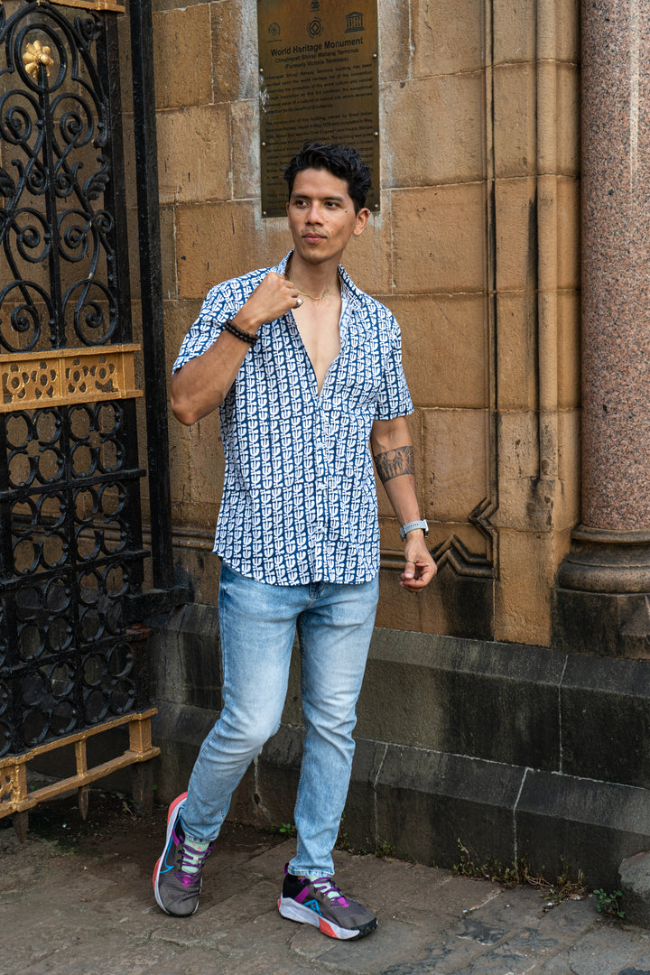 Leaf Flower Blue Slim Fit Short Sleeve Shirt