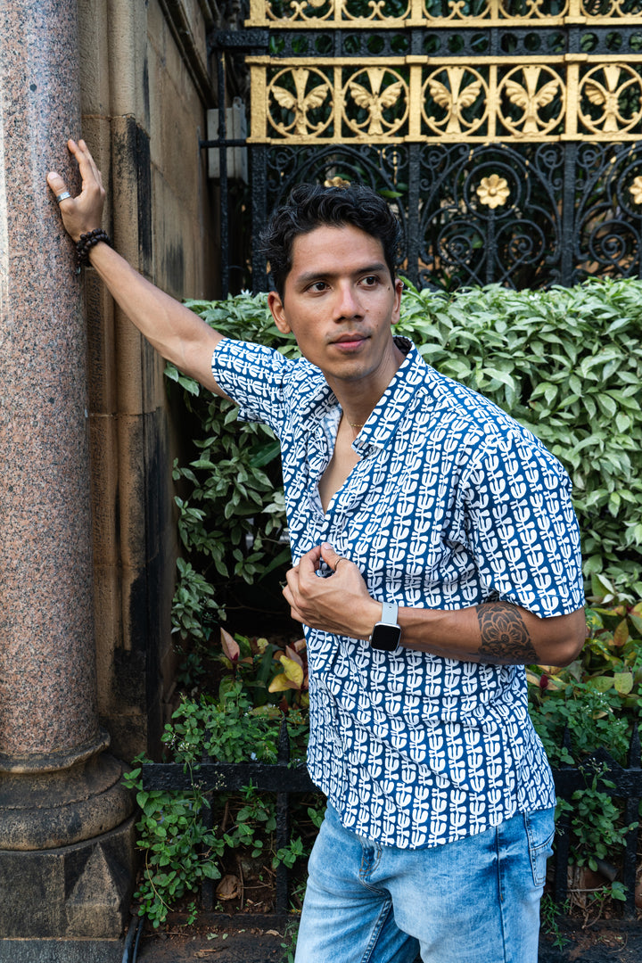 Flower Blue Slim fit Short Sleeve Shirt