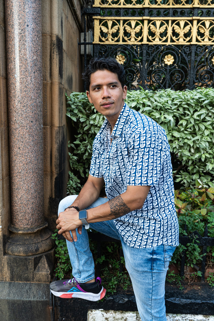 Flower Blue Slim fit Short Sleeve Shirt