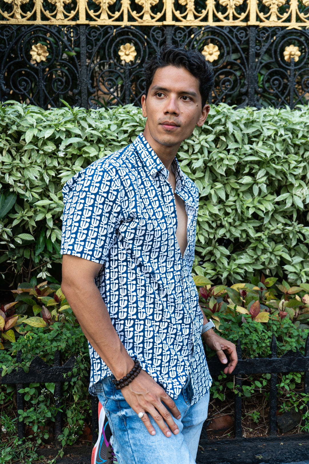 Flower Blue Slim fit Short Sleeve Shirt