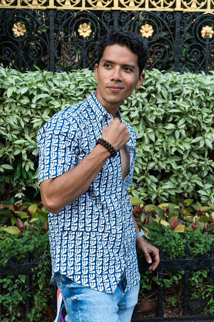 Flower Blue Slim fit Short Sleeve Shirt