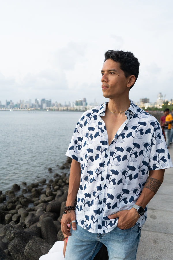 Hibiscus Leaf Blue Relaxed Fit Short Sleeve Shirt