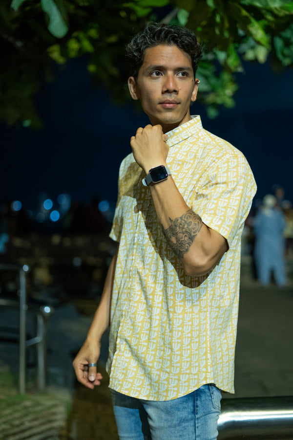 Flower Ocre Tan Slim Fit Short Sleeve Shirt