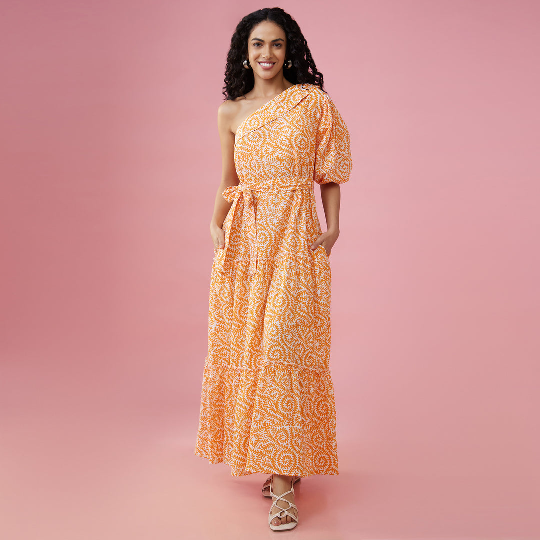 Jaal Orange One Shoulder Long Dress - thesotr.com