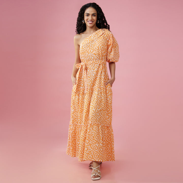Jaal Orange One Shoulder Long Dress - thesotr.com