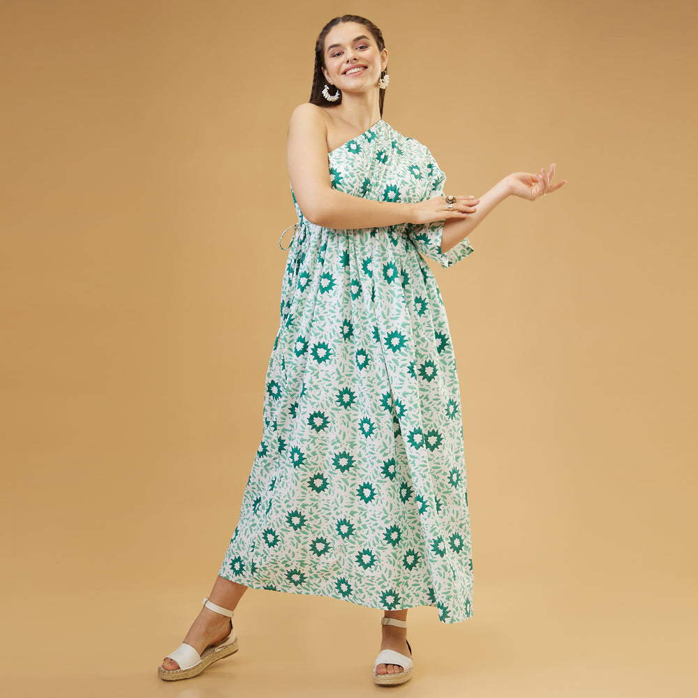 Nuru Green One Shoulder Long Dress - thesotr.com