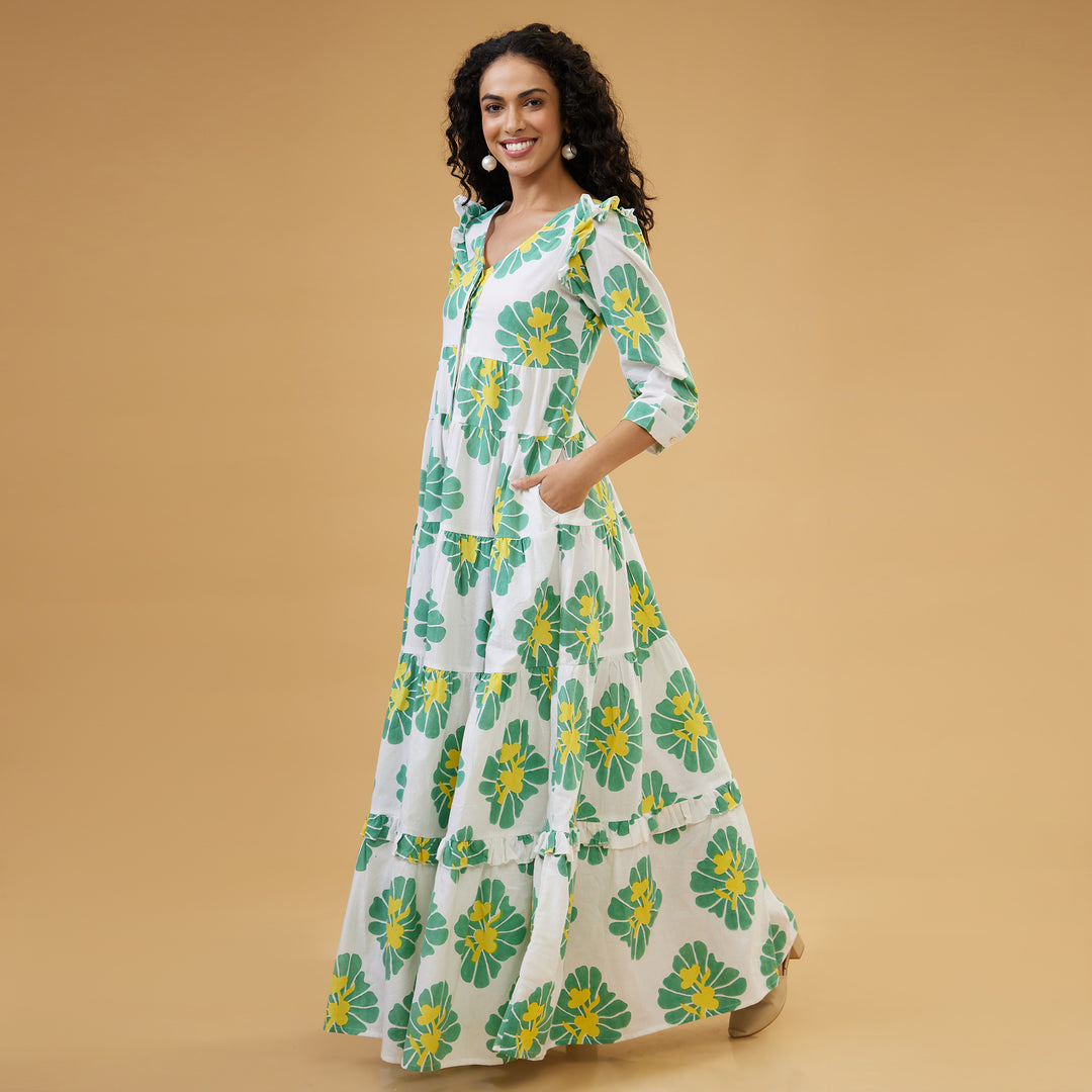 Zahara Green Flowy Long Dress - thesotr.com