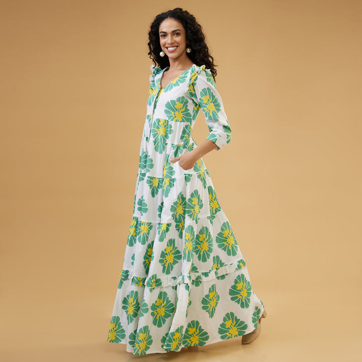 Zahara Green Flowy Long Dress - thesotr.com