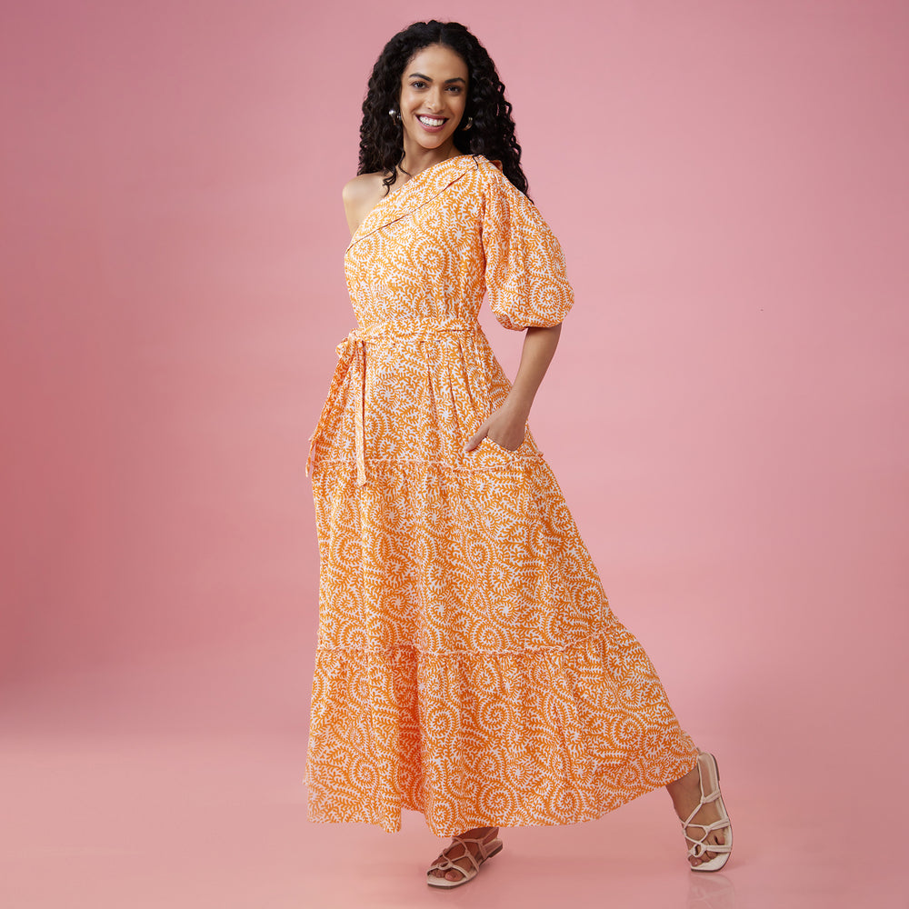 Jaal Orange One Shoulder Long Dress - thesotr.com