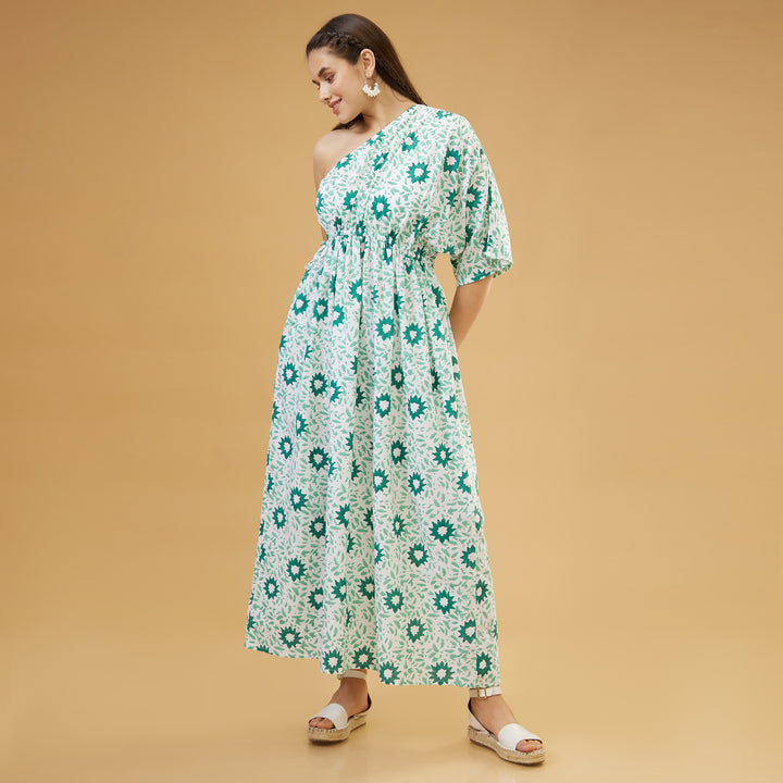 Nuru Green One Shoulder Long Dress - thesotr.com