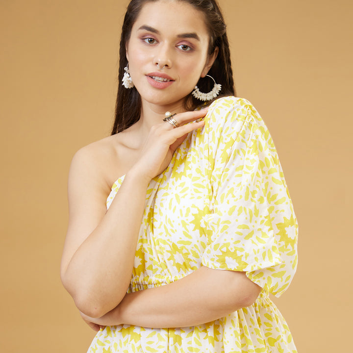 Nuru Yellow One Shoulder Long Dress - thesotr.com