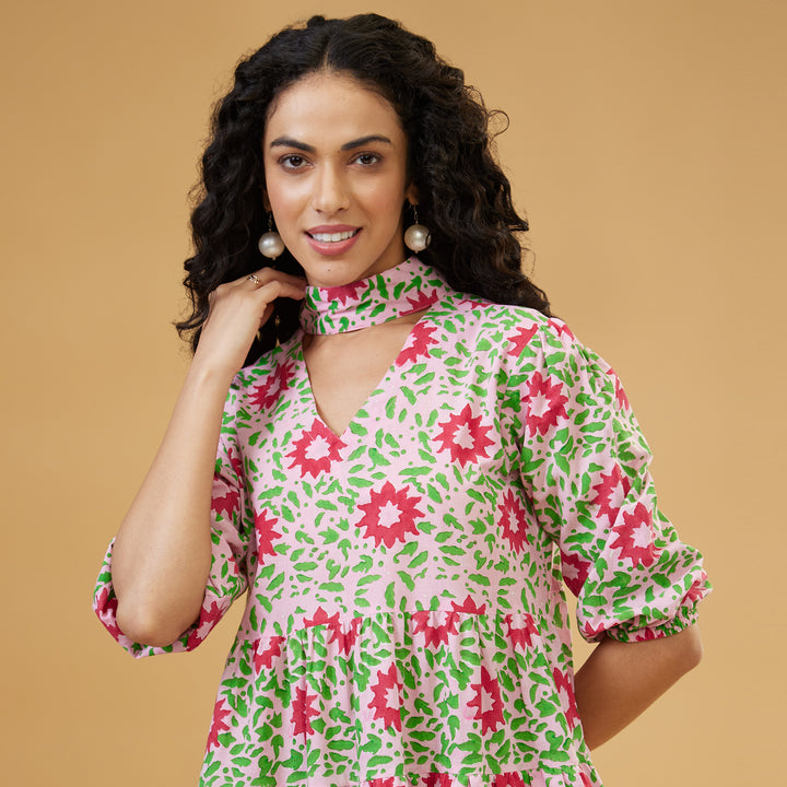 Nuru Pink Two Tiered Short Dress - thesotr.com