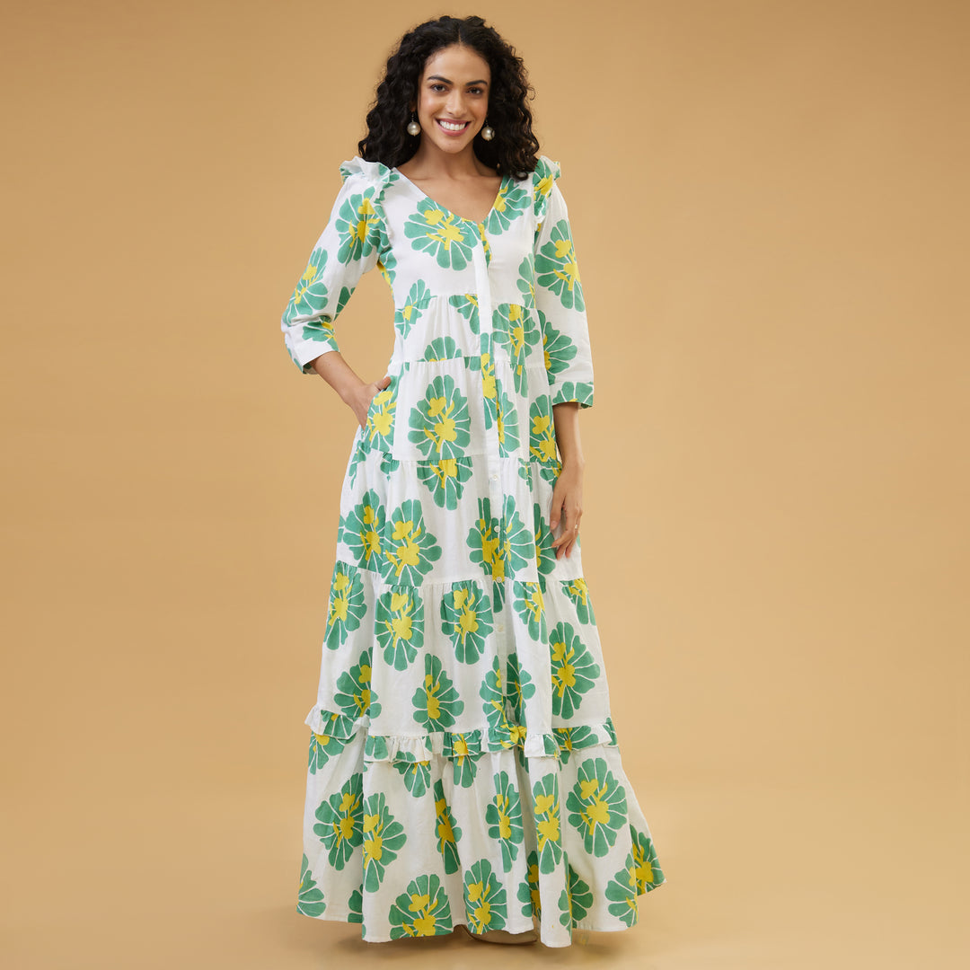 Zahara Green Flowy Long Dress - thesotr.com